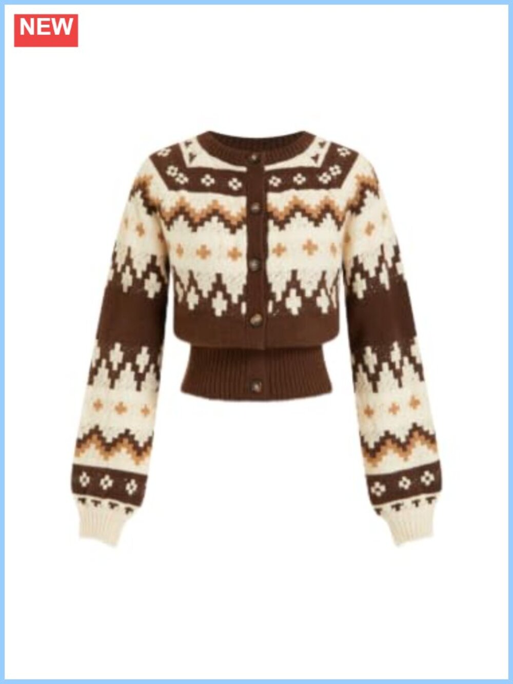 Fair Isle Cropped Cardigan Balloon Sleeve Button Down Nordic Knit Sweater
